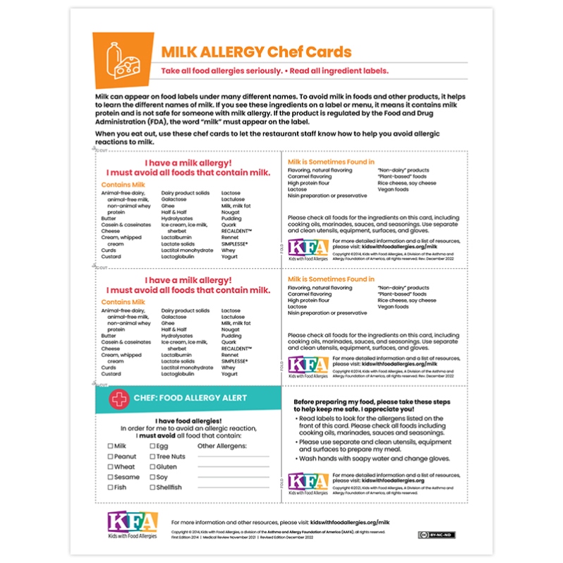 Milk Allergy Chef Cards (Pack of 10)