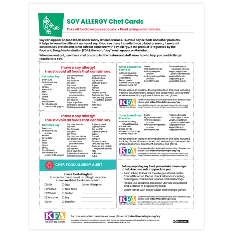 Soy Allergy Chef Cards (Pack of 10)