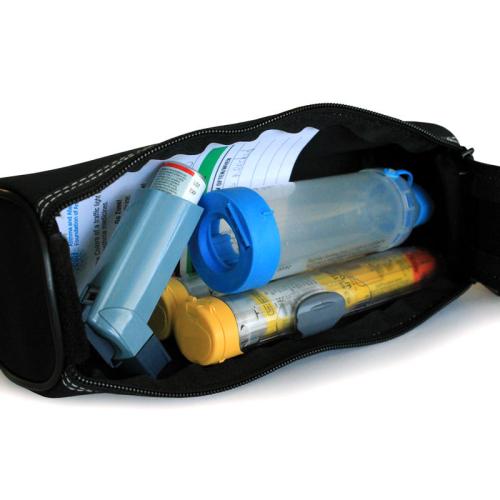 Small black bag for carrying epinephrine and asthma inhalers for food allergies and asthma