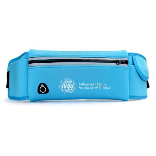 Blue running pack for carrying epinephrine and asthma inhalers for food allergies and asthma